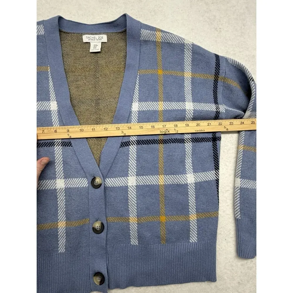 RACHEL ZOE Plaid Cardigan Sweater Size Medium Blue Academic Preppy Rayon - Picture 4 of 8